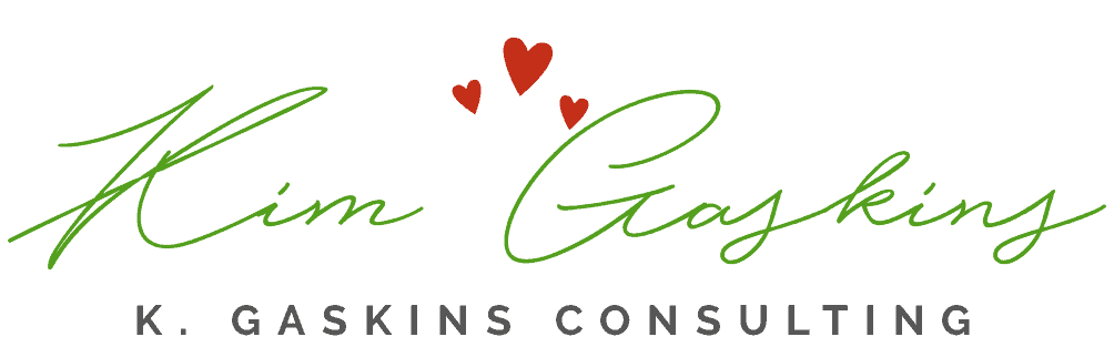KGC CE0-COACH red hearts - Alternate Logo Logo for Kim Gaskins featuring the name in green cursive script with three small red hearts above it, and the text ‘K. Gaskins Consulting’ in dark gray uppercase letters below.