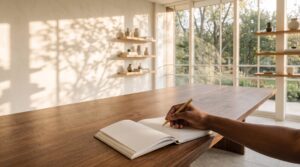A minimalist, high-end photograph of an African American woman's hand writing with a brass pen in an open notebook on a clean oak desk.