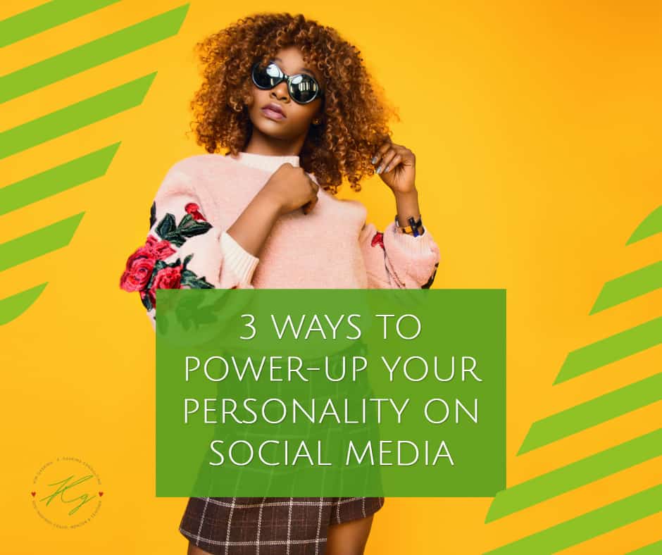 Youthful woman with curly hair and sunglasses promoting social media personality tips.