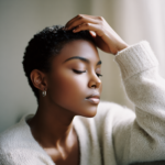 Woman in white sweater who has eyes closed and left hand on her head.