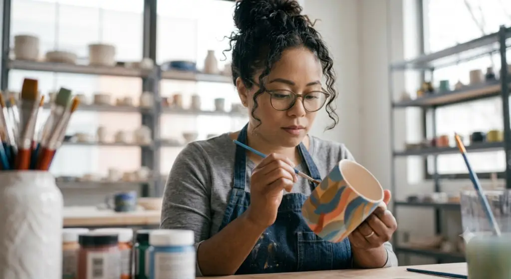 A woman with glasses and her curly hair tied up in a bun, wearing a denim apron, focusing calmly on painting colorful abstract patterns onto a ceramic mug in a pottery studio.