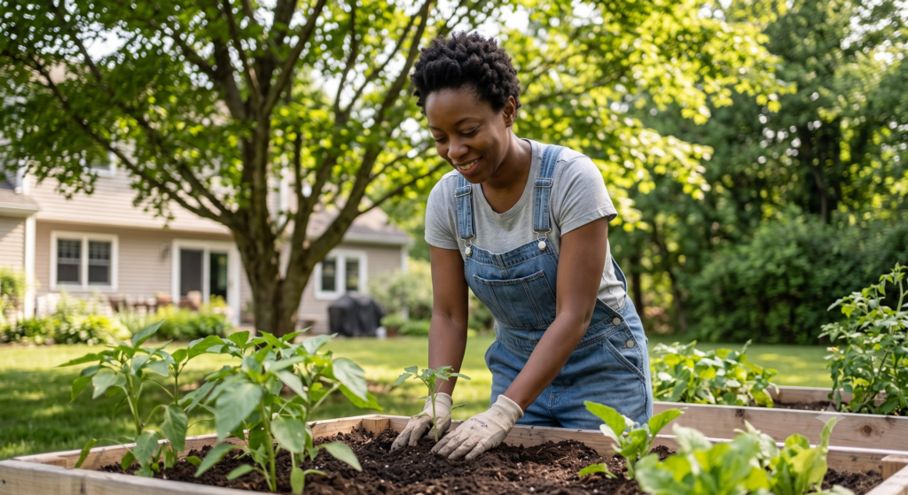 A Black woman wearing denim overalls and gardening gloves smiling as she gently plants a small green sprout into rich soil in a raised garden bed, demonstrating an unhurried, restorative outdoor activity.