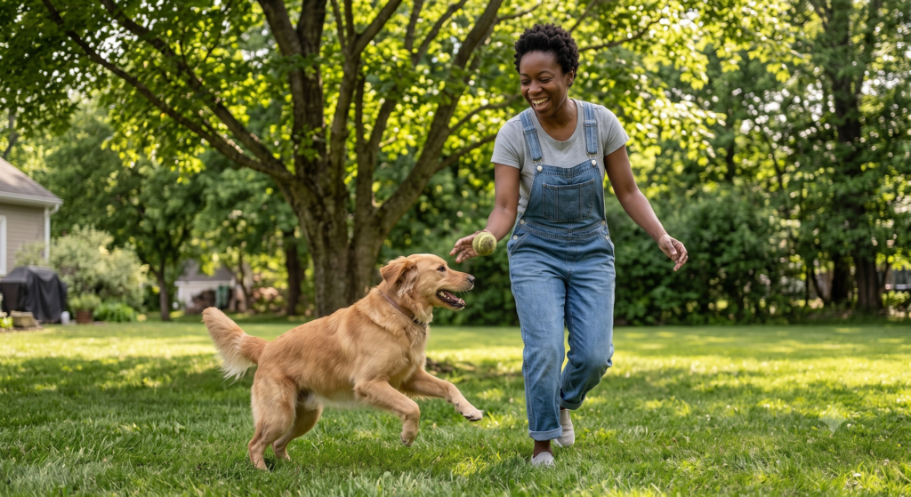 A Black woman in denim overalls happily playing fetch with her golden retriever in a sunlit, green backyard, capturing a joyful moment of outdoor connection and physical settling.