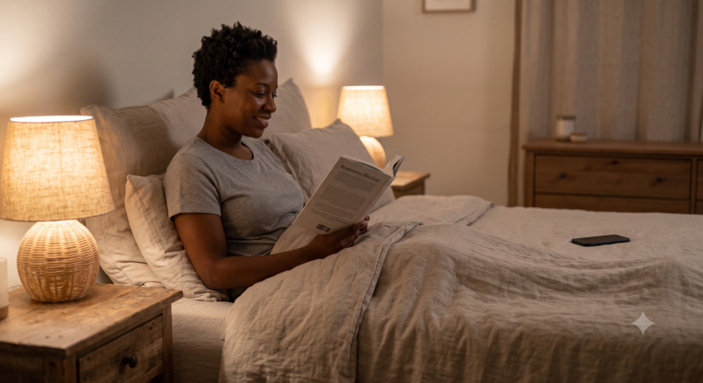 A Black woman smiling as she reads a book in bed, propped up against soft pillows under warm lamplight with her smartphone placed face down on the mattress to support an intentional evening routine.