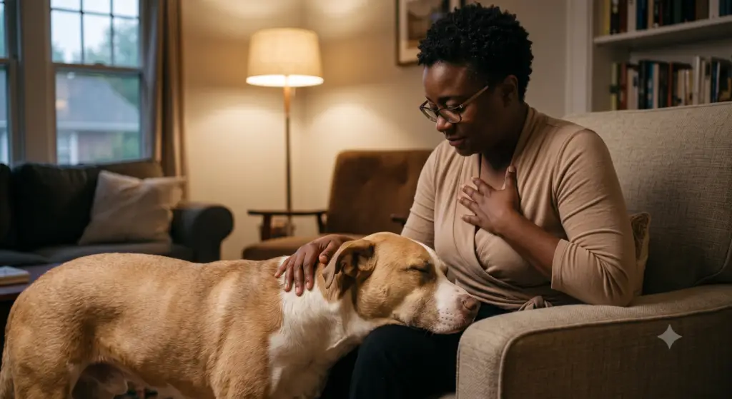 A Black woman with glasses and short curly hair sits in a cozy armchair with her hand on her chest, comfortingly petting a large, light-brown and white dog resting its head on her lap.