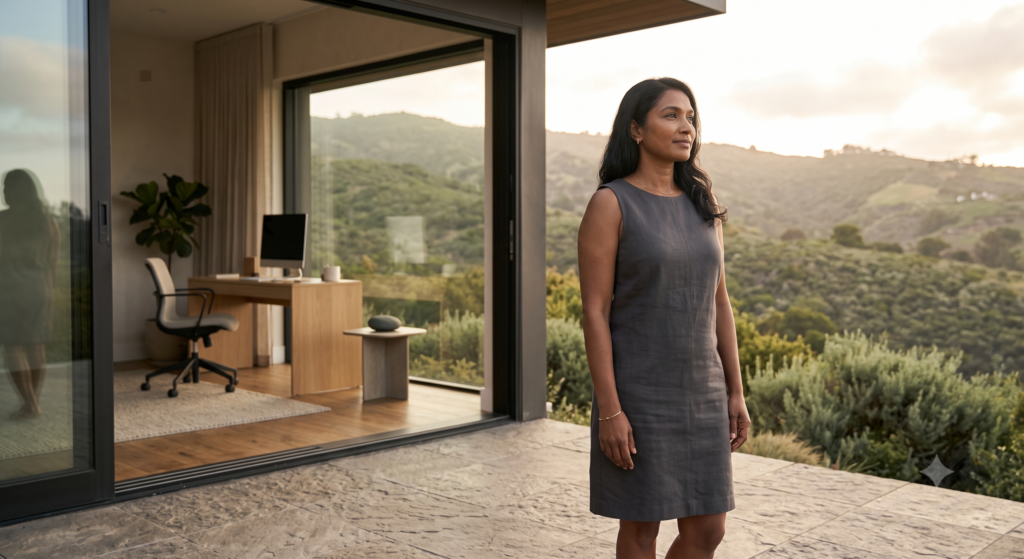 An ethnic executive woman in her early 40s wearing a grey sleeveless linen dress, standing on a stone outdoor terrace at golden hour, pausing thoughtfully outside her modern office space.