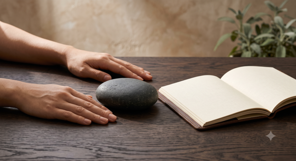 Close up shot of hands resting on a dark wood desk surface next to a smooth basalt river stone and an open journal with blank linen pages.