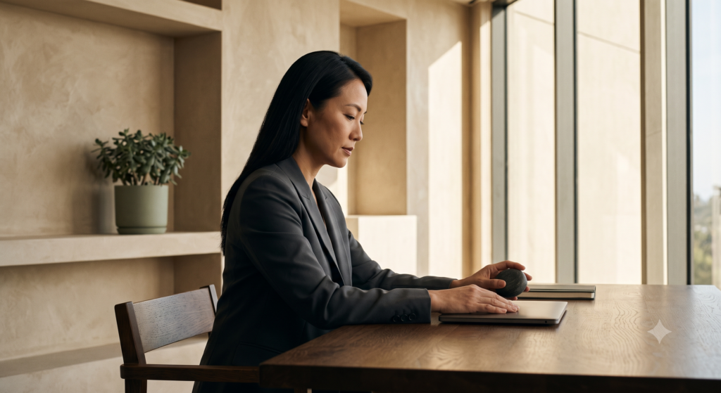 An East Asian executive woman in a charcoal blazer sitting at a dark oak desk in a sunlit, minimalist office, resting one hand on a small basalt river stone and the other on a laptop.