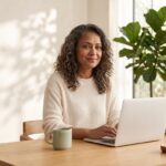 KGC Indian Woman Happy at Her Computer Happy woman working at a laptop in a bright, calm home office with plants and books, representing the CEO Welltho Operating System program.