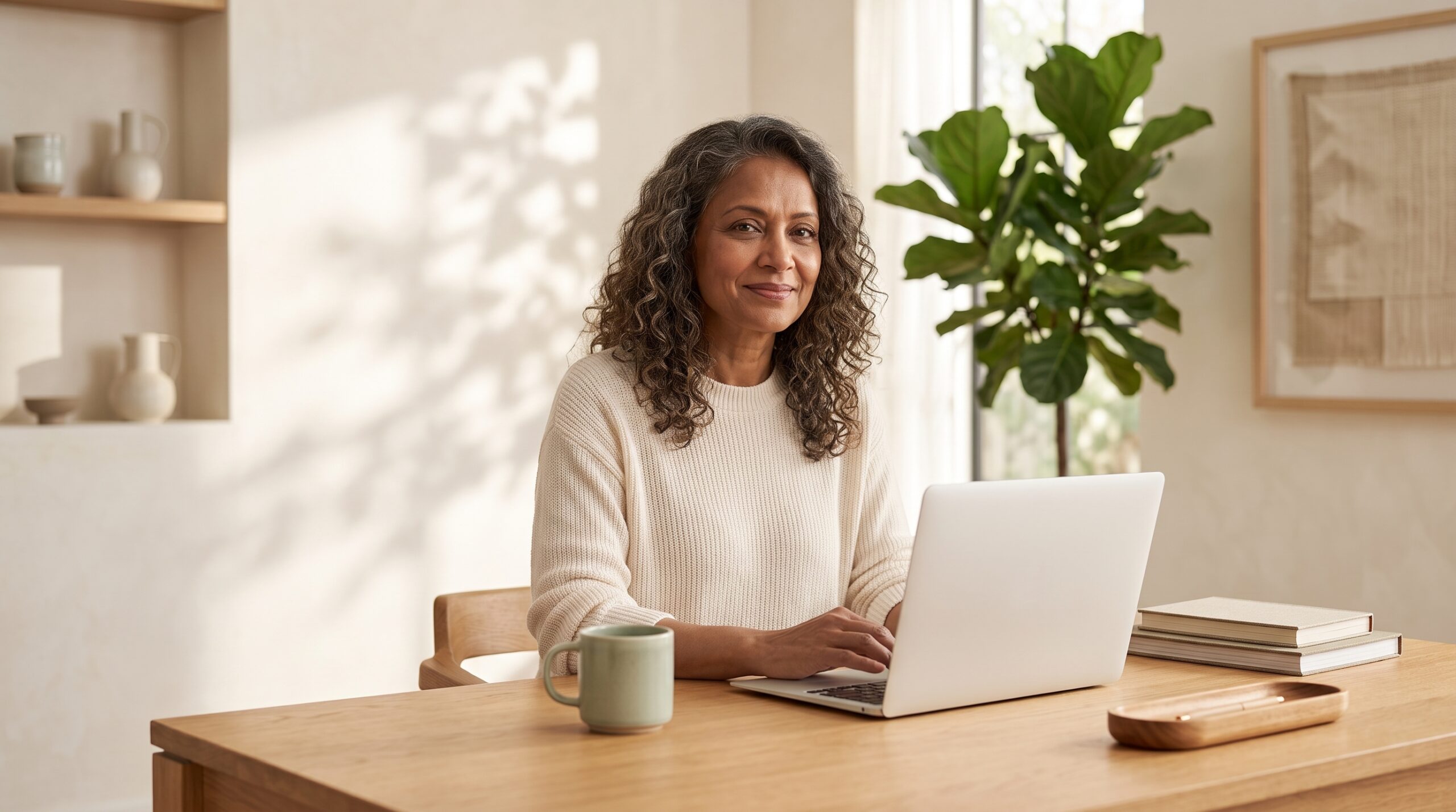 Happy woman working at a laptop in a bright, calm home office with plants and books, representing the CEO Welltho Operating System program.