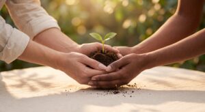 Two hands holding a seedling