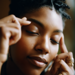 Black woman with a tension headache. Heads are on temples.