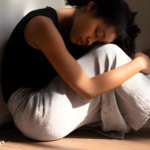 Woman sitting in a well lit room with her head on her knees