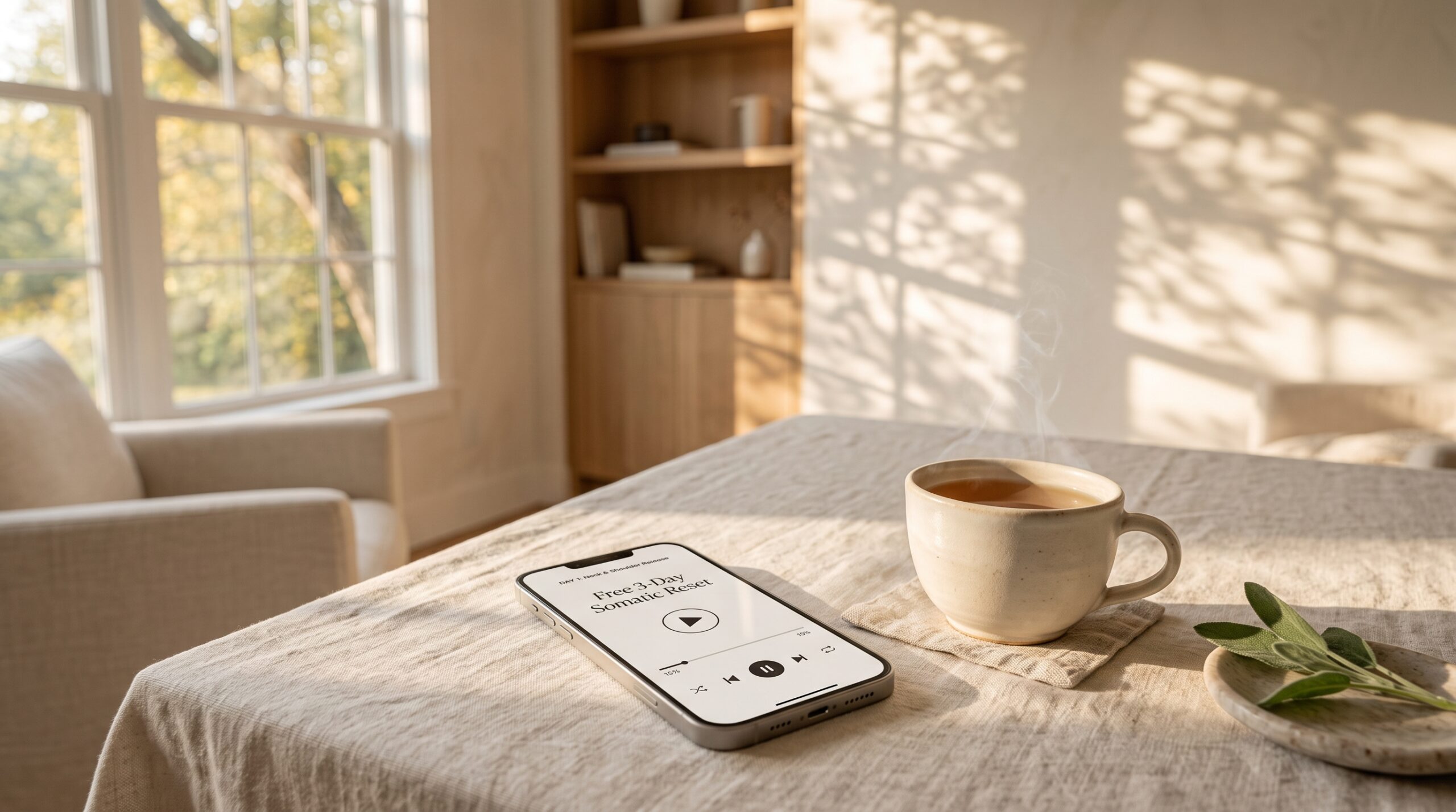 Sunlit table with tea and phone promoting somatic reset.