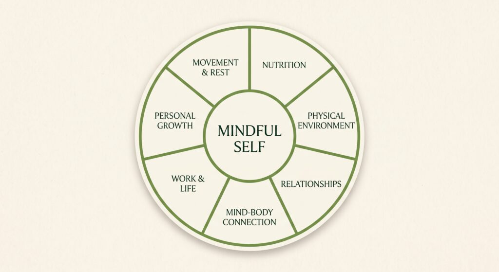 Wheel of Health diagram showing whole-person well-being areas for burnout recovery
