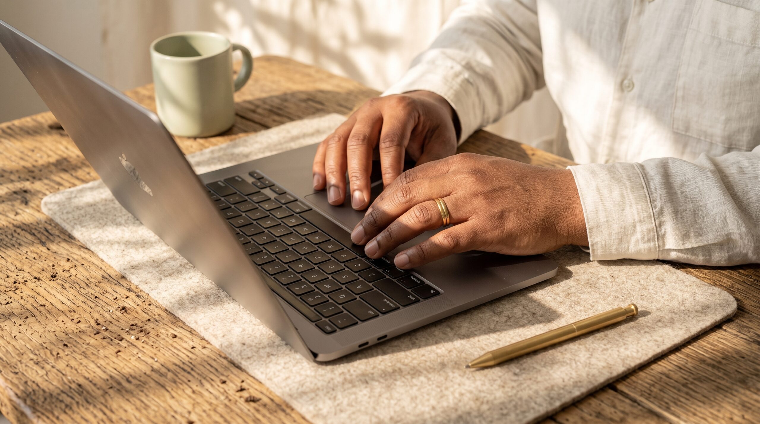 Woman working on a laptop in a warmly lit room.