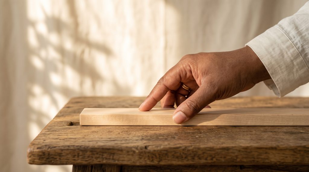 A close-up view of a hand holding a grounding tool on an open desk surface to interrupt daytime operational stress.