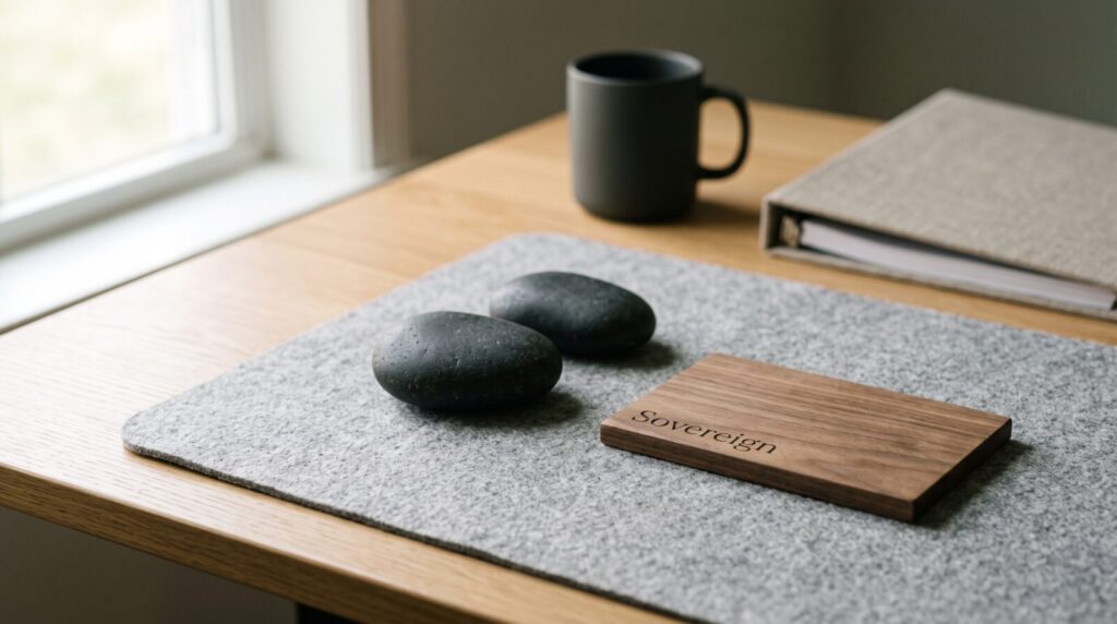 A quiet evening still life on a warm oak table showing an open linen journal reading glasses and a steaming matte ceramic mug.