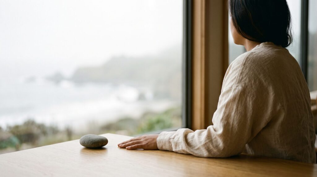 ambient silhouette of a woman looking out toward an expansive, uncluttered ocean horizon.