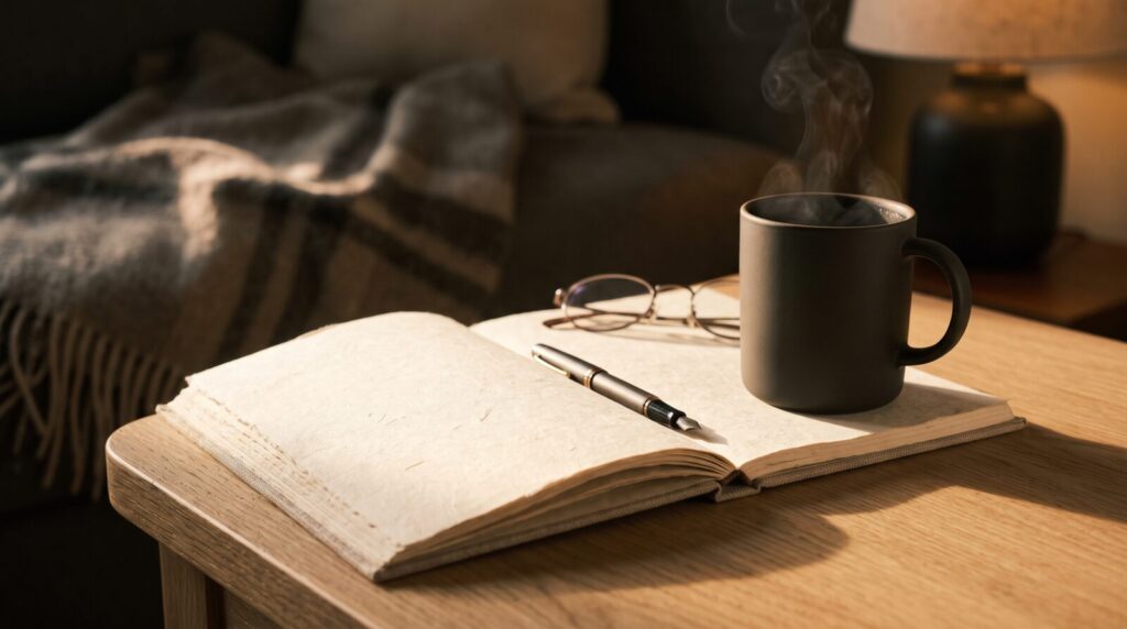 A quiet evening still life on a warm oak table showing an open linen journal reading glasses and a steaming matte ceramic mug.