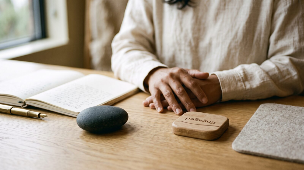 A natural white oak desk still life featuring the handcrafted boundary tile showing 'Engaged' and the gold operating ledger (both closed and resting).