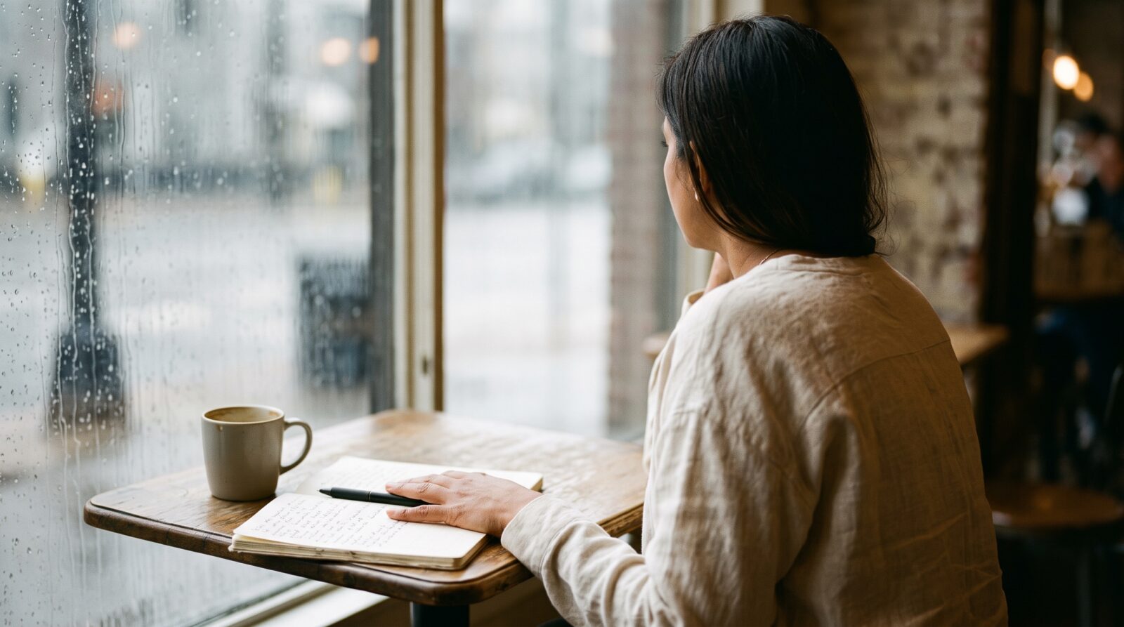 A candid potograph a woman over 40 sitting quietly at a cafe table by a rainy window looking out;.